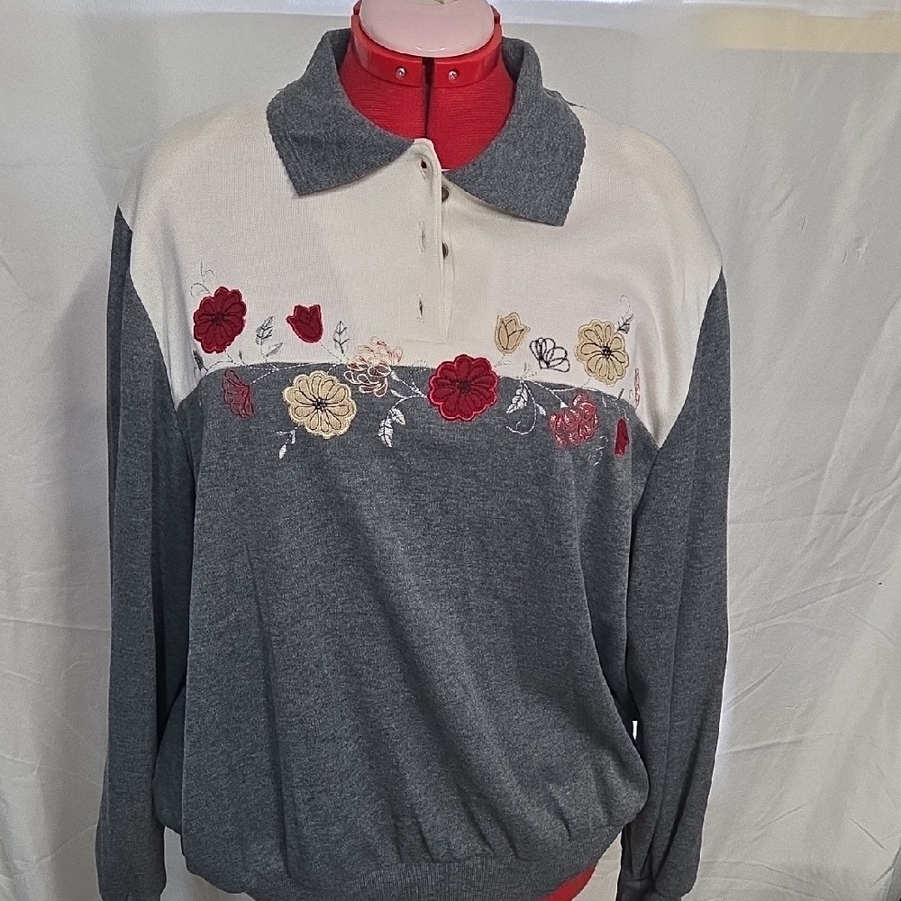 Alfred Dunner Gray and Cream Floral Sweater 3X